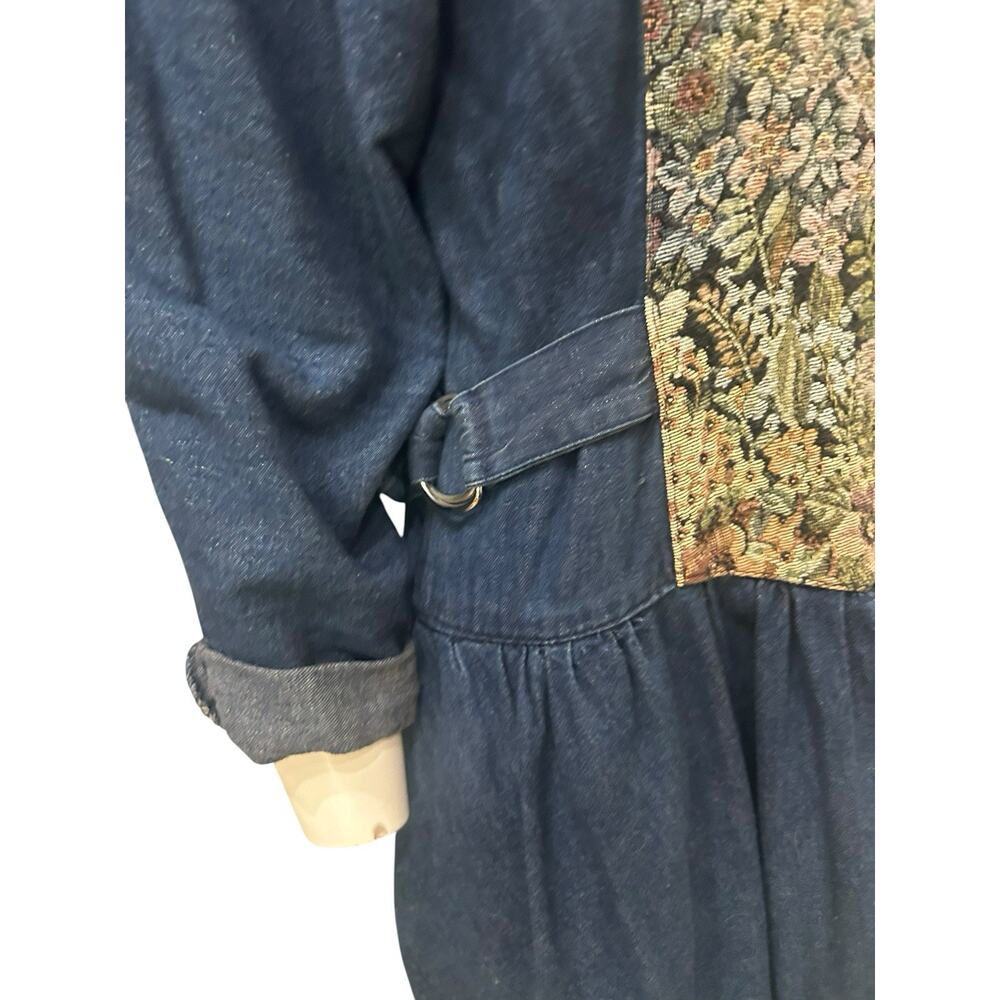Vintage 80s Denim Prairie Dress Tapestry Floral Corset Midi Puffed Sleeve S 7 - - Picture 3 of 8